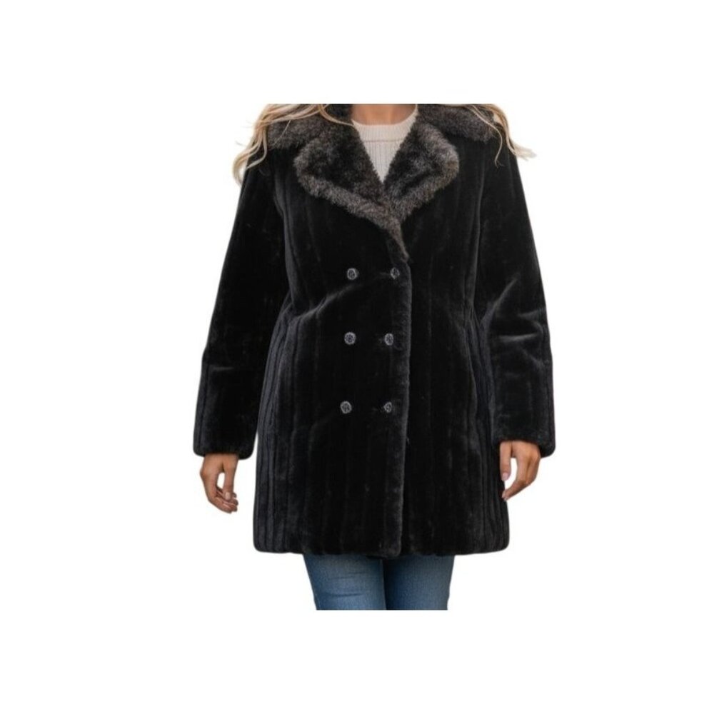 Vintage Avant Garde Black/Brown Faux Fur Pea Coat Double-Breasted Women's Medium